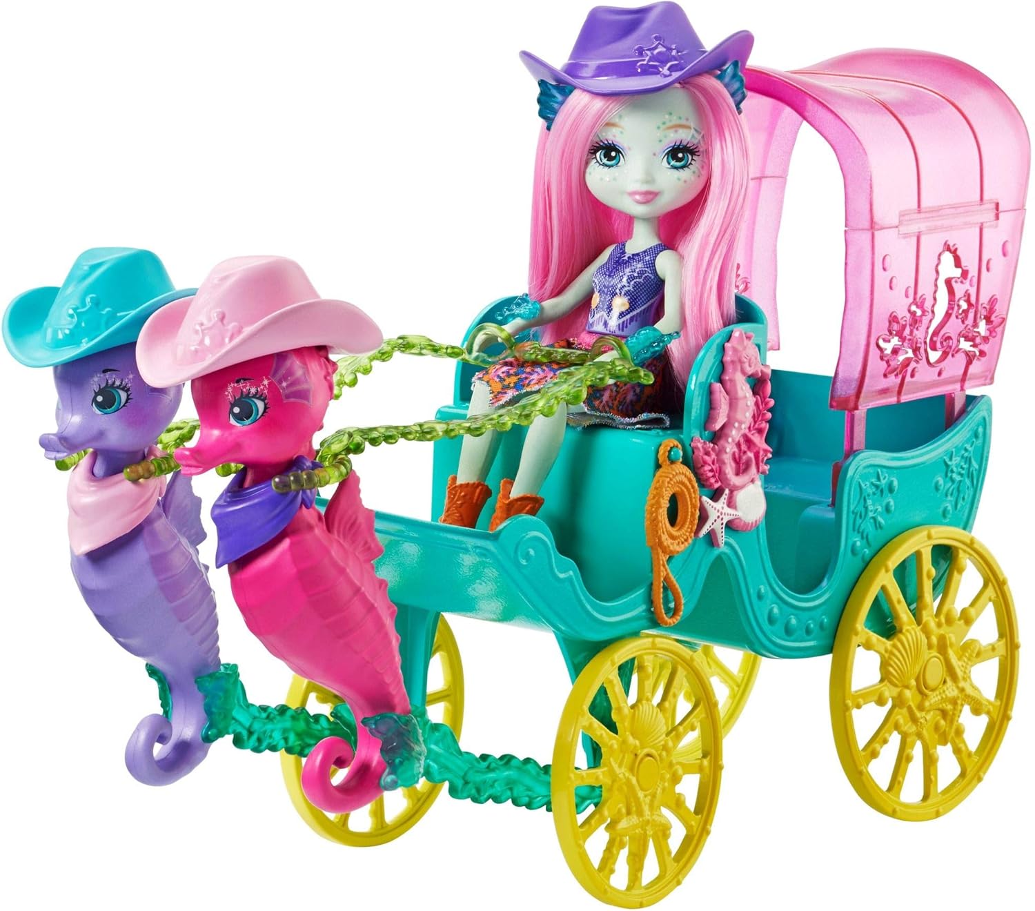 Enchantimals Sandella Seahorse, Friends And Western-Styled Coach Doll & Playset