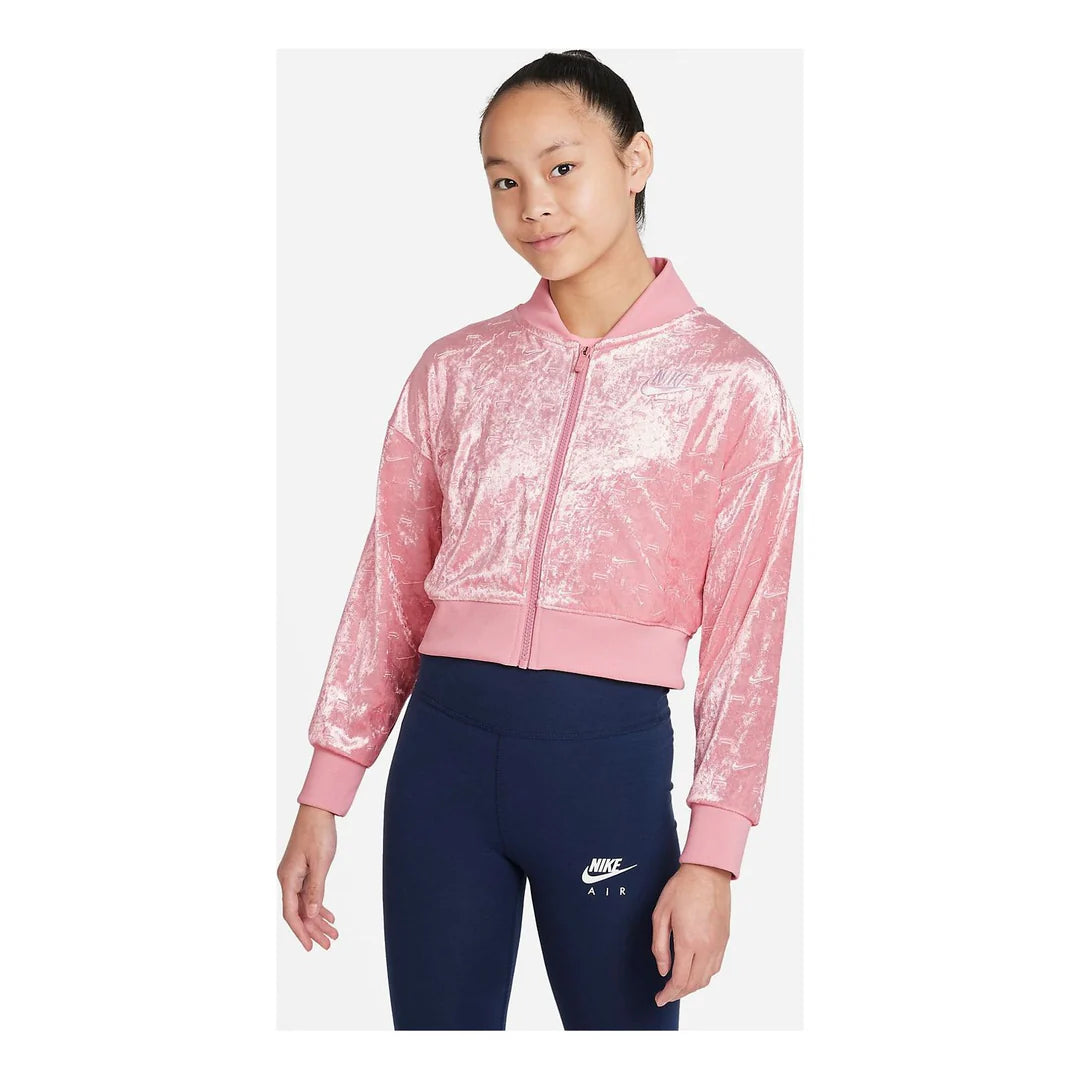 Nike Air Velvet Crop Track Jacket Loose Fit Pink White Girls